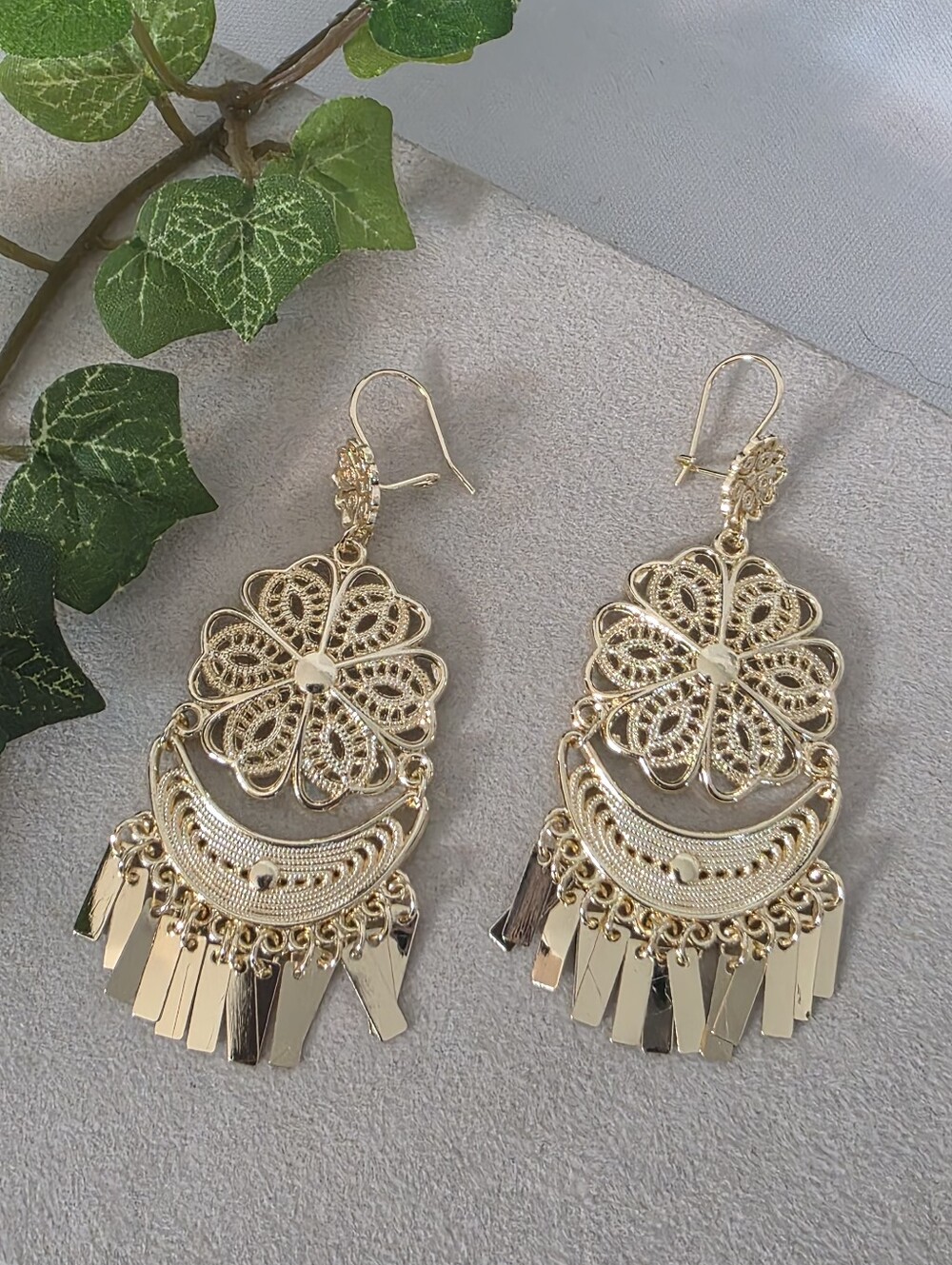 Gold Filled Filigree Chandelier Drop Earrings Floral Fringe Statement